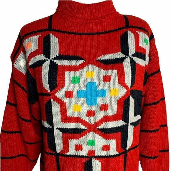 Vintage Cable Knit Turtleneck Sweater M Red Geometric Pullover Oversized - Picture 2 of 6